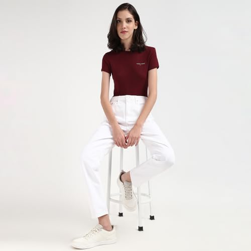 Tommy Hilfiger Wine Cotton Solid Women Slim Fit T-Shirt