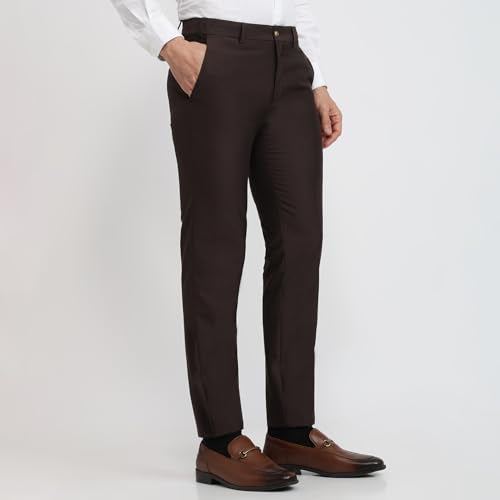 Raymond Men Slim Fit Structure Pattern Poly Viscose Blend Flat Front Formal Trouser Dark Brown