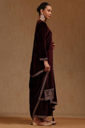 Soch Womens Wine Velvet Embroidered Suit Set With Sequins