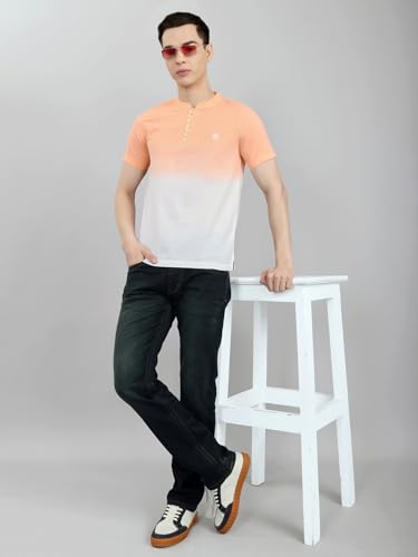 Monte Carlo Men Regular Fit Ombre Half Sleeve Henley T-Shirt | Stylish Tee for Men | Soft Comfortable Casual Tshirt for Men's Peach XL
