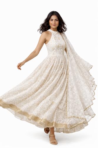 Glinty Chic Women's Embroidered Gown with Dupatta, White and Gold, Halter Neck, Floral Embroidery, Lace-Up Back (in, Alpha, M, Regular)