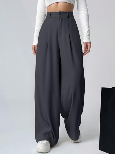 Aahwan Cgrey Solid High Waist Straight Korean Loose Pleated Wide Leg Trouser for Women's & Girl's(296-Cgrey_36)