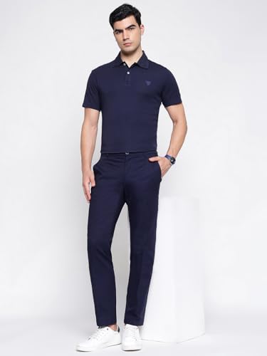 GUESS Myron Dressy Cotton Dobby Stretch Smart Blue Solid Mid Rise Regular Fit Chinos Trousers