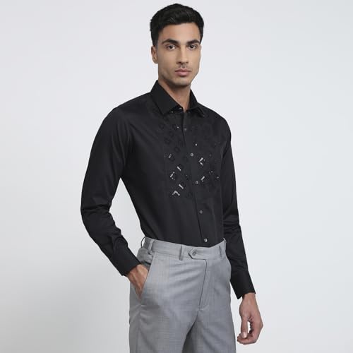 Raymond Men Regular Fit Embroidery Pattern Pure Cotton Cut Away Collar Full Sleeve Tail Bottom Hem Ceremonial Shirt Black