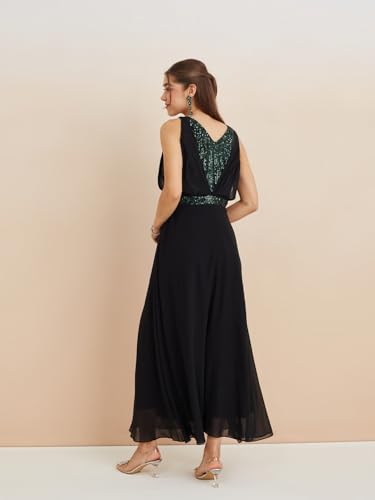 Latin Quarters Women's Black V-Neck Sleeveless Solid Party A-Line Dress_M