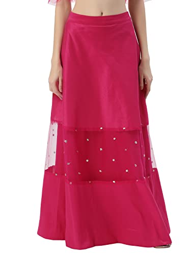 studio rasa Women's Girls Dupion & Net Sequins Embroidered Panelled Skirt for Wedding Festive (SKTC32205XL_X-Large_Pink)