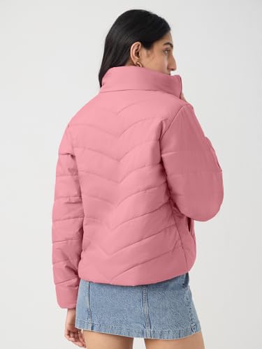 The Souled Store Two Hearts Women and Girls Full Sleeves Spread Collar Pink Chevron Quilted Polyester Regular Fit Lightweight Everyday Puffer Jacket