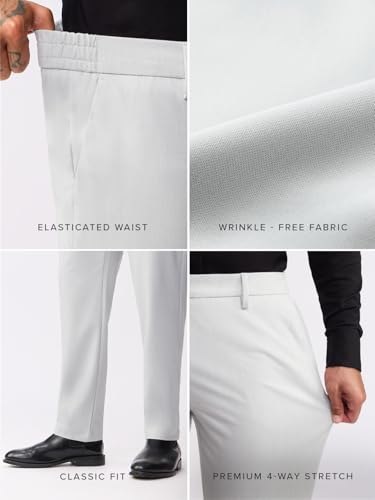 The Souled Store Super Pants: Urban Ash Mens and Boys Light Grey Solid Poly-Viscose Blend Classic Fit 4-Way Stretch Wrinkle-Free Trousers