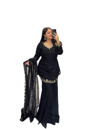 VARNI FABRICS: A lady's First Love Women's Black Crepe Kurti With Dupatta And Palazzo, Gold Zari Work, Ethnic Wear, Festive Occasion (IN, Alpha, M, Regular)