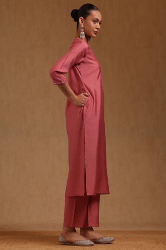 Soch Womens Onion Pink Muslin Floral Embroidered Kurta Set With Faux Mirror