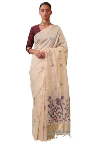 Label Aarna Women's Maroon Cotton Saree with Unstitched Blouse Piece | Woven | Floral Design | Ethnic Fashion Wear