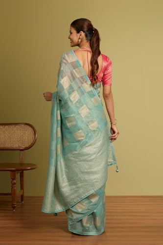 Taneira Women Light Blue Woven Viscose Tissue Saree with Unstitched Blouse Piece (SAPP10AC2548-Light Blue)