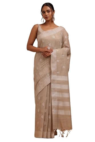Soch Womens Beige Chanderi Embroidered Saree With Thread Work