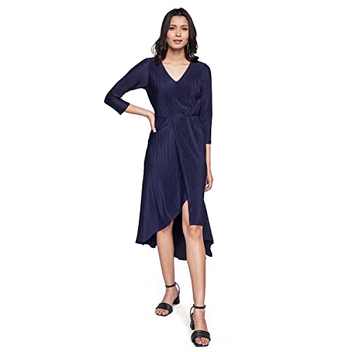 AND Women's Polyester Fit Flare Calf Length Dress (EE22AB041DRL8_Navy_10)