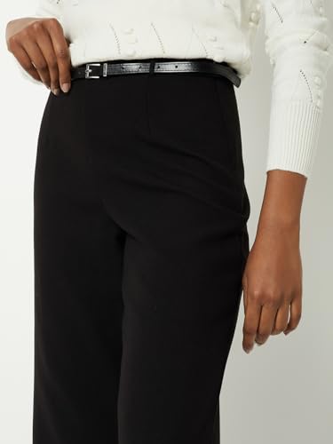 Max Women Solid Wide-Leg Crop Trousers with Belt (Black_36)