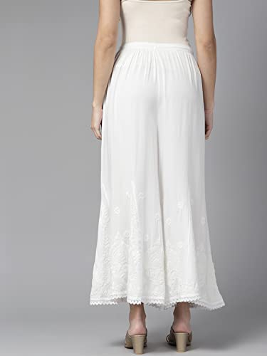 Ada Handcrafted Lucknowi Chikankari Women's Rayon White Flared Palazzo Sharara Pant A711171 (S)