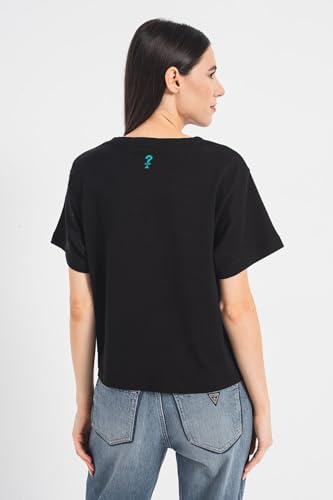 GUESS Women Black Embellished Round Neck Short Sleeves T-Shirt