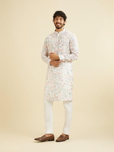 Manyavar Men's Cotton Blend Floral Print Long Kurta (White,L)