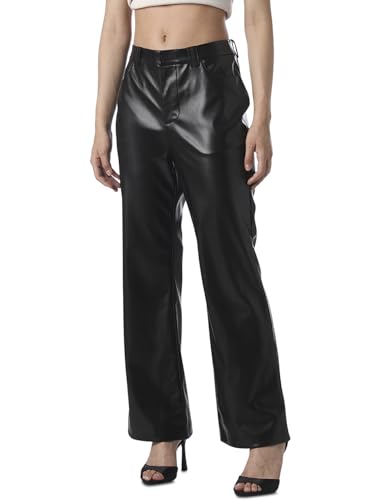 ONLY Women's Solid Straight Fit Mid-Rise Black Pants