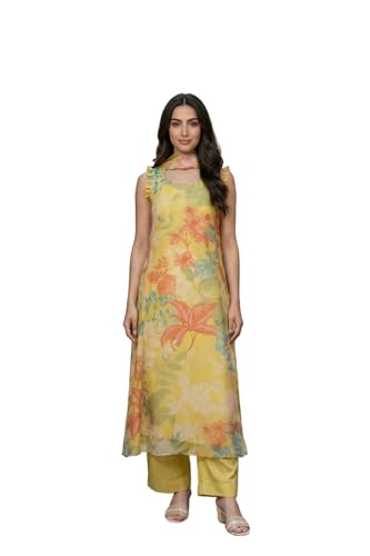 W for Woman Yellow Floral Printed Straight Kurta with Flared Pant and Dupatta Set - (WS13684-126969-M)