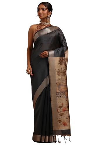 Soch Womens Grey Tussar Botanical Printed Saree