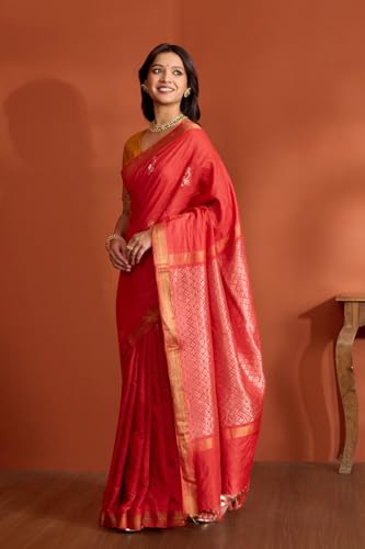 Taneira Women Red Pure Tussar Silk Chattisgarh Woven Saree With Unstitched Blouse Piece (SAPH01AB2954-Red)