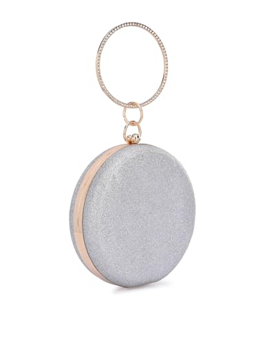 TOOBA Sparkling Silver Round Floral Synthetic Clutch – Stylish Rhinestone Handle Purse for Women, Ideal for Weddings, Parties & Festive Occasions