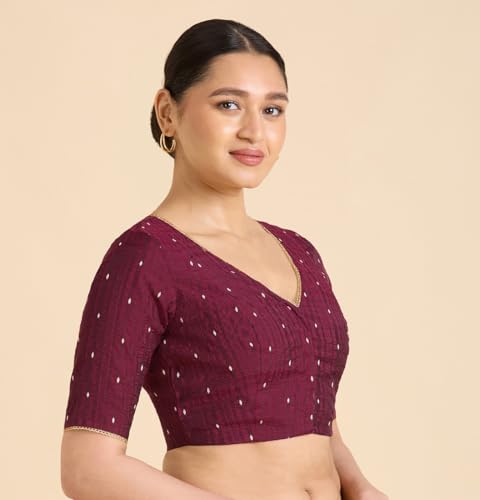 Studio Shringaar Women's Handloom Cotton Silk Readymade Saree Blouse (Wine, 44)