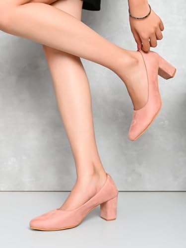 XE Looks Pink Cream Pumps | Chic Suede Finish | Comfortable & Trendy Block Heel For Girls & Womens