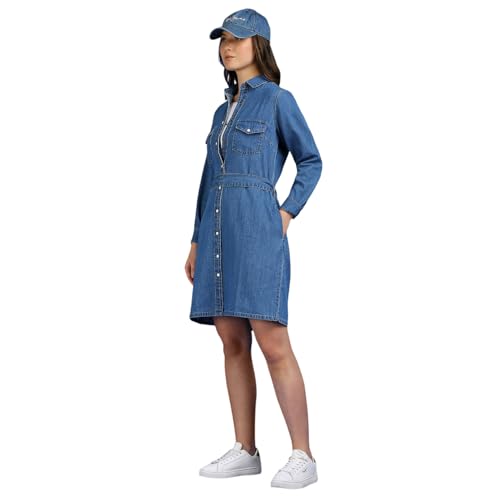 Pepe Jeans Women's Pure Cotton A-Line Maxi Dress (PL953769CA0_Dark Used Wash