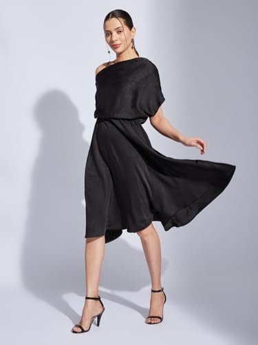 Latin Quarters Women Black One Shoulder Half Sleeves Solid Fit & Flare Dress