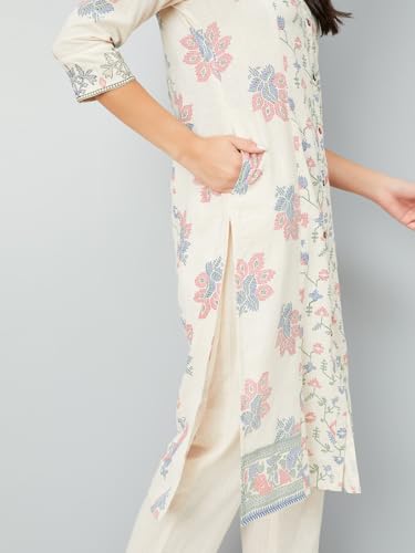 Max Women Floral Print Straight Kurta Set (Off White_M)