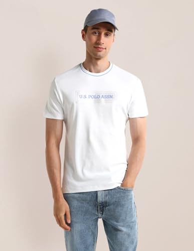 U.S.POLO ASSN. Mens White Logo Crew Neck Half Sleeve Casual Cotton Blend Fitted T-Shirts (USTSH2095_White_2XL)