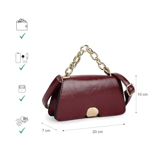 Fastrack Party Sling Bag for Women | Compact Shoulder Bag for Girls, Ladies, Women | Faux Leather Handbag with Gold Chain Handle (Maroon)