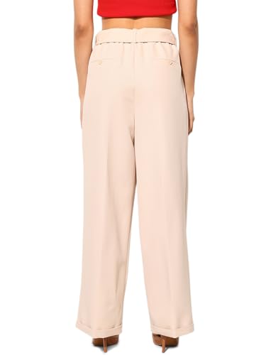 ONLY Women Loose Fit High-Rise Beige Pants with Belt