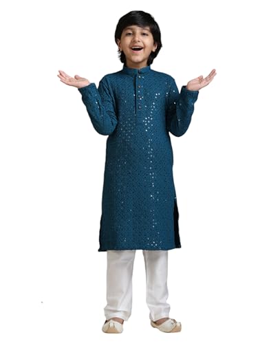 Manyavar Boys Viscose Chikankari Sequined Kurta Pyjama Set (2pcs)(8-10 years)