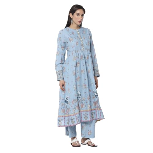 Biba Women Dull Blue Cotton Flared Printed Kurta Set_44