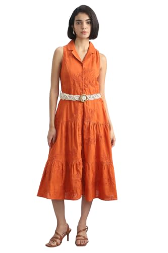 Women Orange Embroidered Casual Dress
