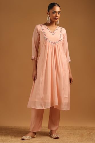 Soch Womens Peach Mul Chanderi Floral Salwar Suit With Hand Embroidery and Bead Details