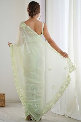 SGF11 Women's Georgette Silk and Sequence Work Saree With Unstiched Blouse Piece (Light Green)