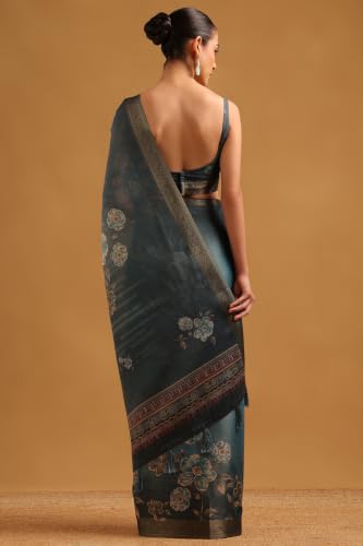 Soch Womens Blue Tissue Botanical Printed Saree