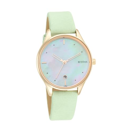 Titan Classique 3 Hnads +Date MOP Round Dial Rose A1Leather Strap Women's Watch - 2670WL04