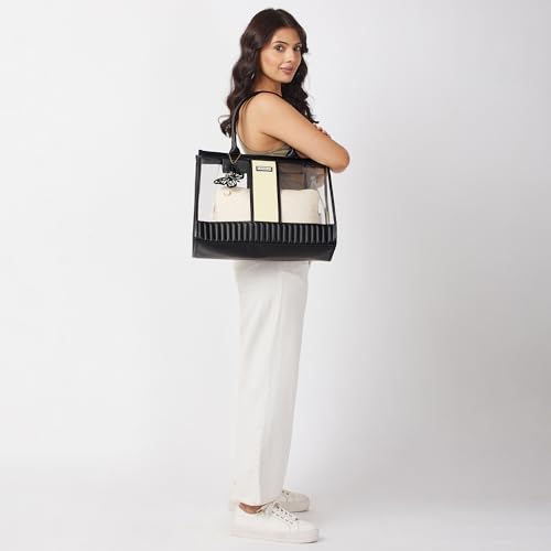 Caprese Madonna Laptop Tote Bag X-Large | Stylish Transparent Handbag with Butterfly Charm with Comfortable Handles & Secure Zip Closure | Shoulder Bag | Perfect for Office & Casual Use (Black)