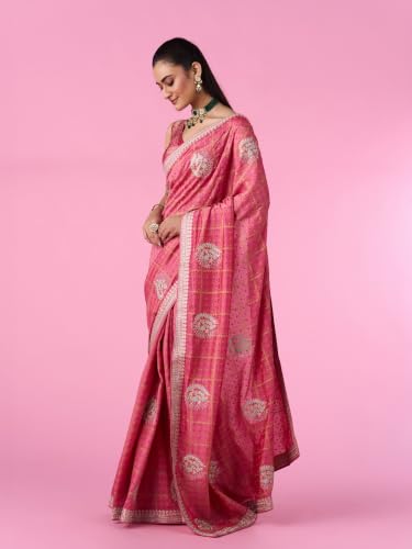 MOHEY Women's Art Silk Printed, Stone Work & Thread Work Saree with Blouse Piece (Pink)