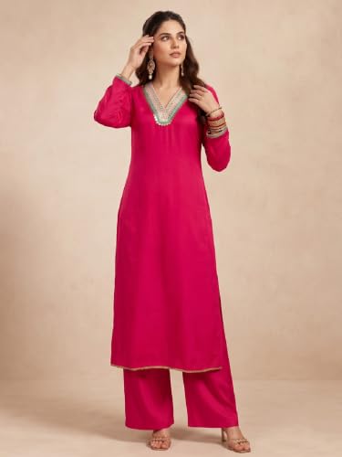Varanga Women Red Kurta Trousers Set V Neck Silk Blend Zari
