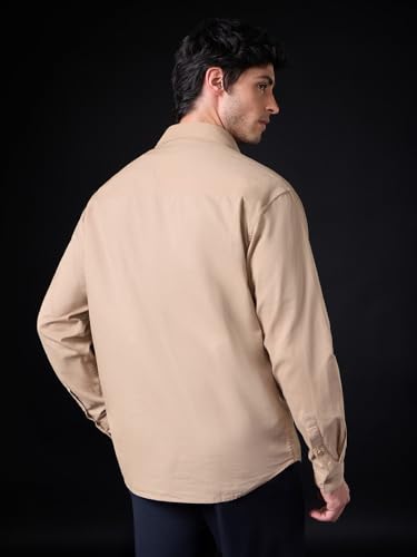 The Souled Store: Mushroom Patch Men and Boys Long Sleeve Spread Collar Beige Embroidered Relaxed Fit Casual Easy to Style Everyday Office Wear Cotton Linen Shirt