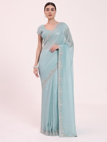 FIORRA Women's Sky Blue Organza Crushed Saree with Siroski Zarkhan Handwork and Unstitched Blouse