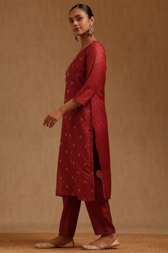 Soch Womens Deep Red Chanderi Embroidered Kurta Set With Mirror Work