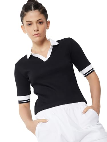 Max Women Ribbed Johnny Collar T-Shirt (Black_XL)