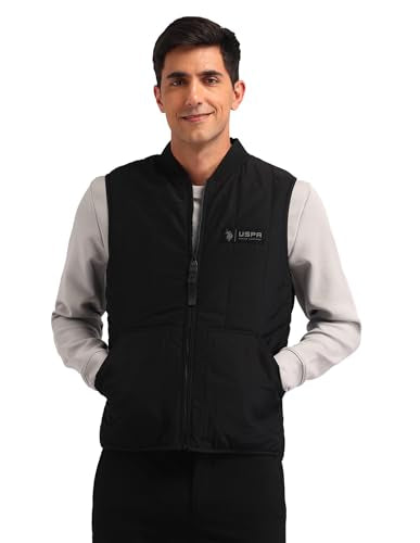 U.S. Polo Assn. Denim Co. Men's Black Solid Collar Neck Sleeveless Casual Polyester Regular Fit Jacket (UDJCK1387_Black_S)